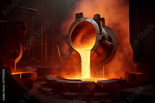 Liquid iron molten metal pouring in container, industrial metallurgical factory, foundry cast, heavy industry background