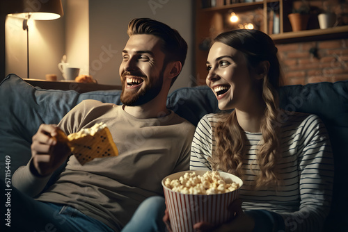 A cute handsome couple watching netflix, a film or TV on their couch/sofa, slaughing and enjoying themselves, portrait, painting style, eating popcorn and being close and romantic in a sweet evening photo