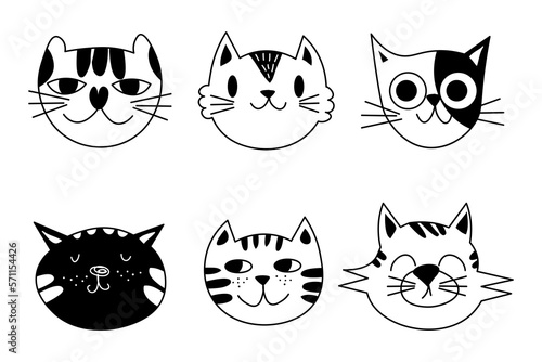 Fototapeta Naklejka Na Ścianę i Meble -  Cute cartoon cat doodle set, funny vector icons. Hand drawn sketch style cat characters faces. EPS