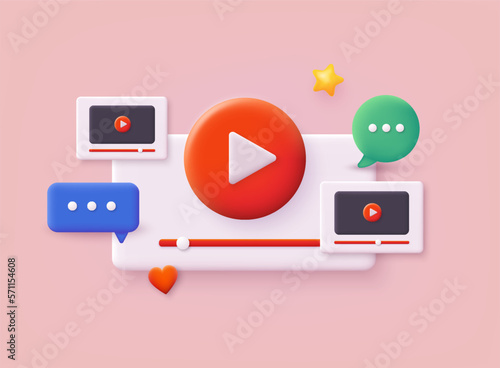 Video channel online icon. Video windows flying in air. Internet video clips and tube concept. 3D Web Vector Illustrations.