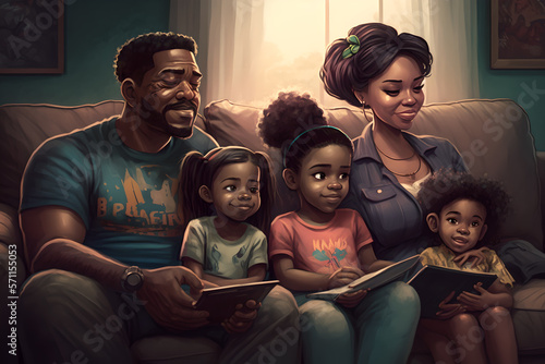 A very big happy multi generational black family, african american, sitting together very close on a couch, in the lounge, watching a movie, portrait, close up, wide angle, happy and smiling, laughing photo