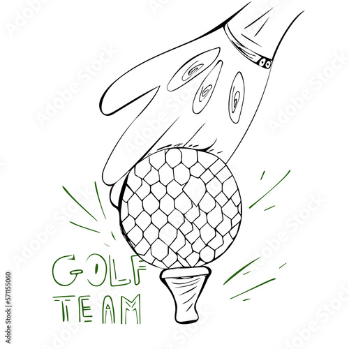 Golf tournament. Golf ball logo template and gloved hands with the text golf team. Spend a pleasant summer free time and relax. Cartoon flat vector illustration