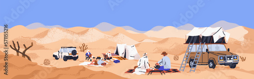 Tourists at desert camping. Sand dunes landscape panorama with people campers relaxing on picnic, tents, SUV cars in Arabian nature. Travelers at summer holiday expedition. Flat vector illustration