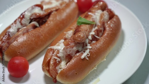Cooking. Sandwich with sausage and tomato. Hot Dog.