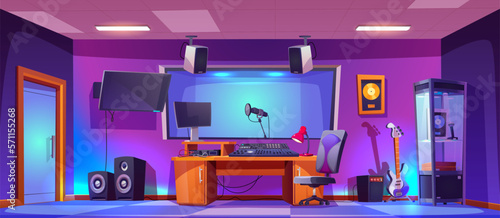 Music record studio interior with professional equipment for game scene background. Sound production room cartoon illustration. Microphone, guitar, radio and speakers near computer in soundproof booth