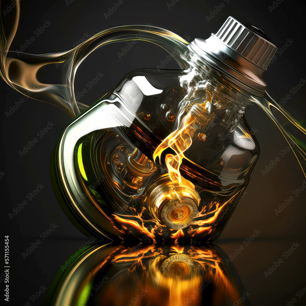Low oil pressure lamp and liquid stream of motorcycle motor oil flows from the neck of the bottle close-up, ai
