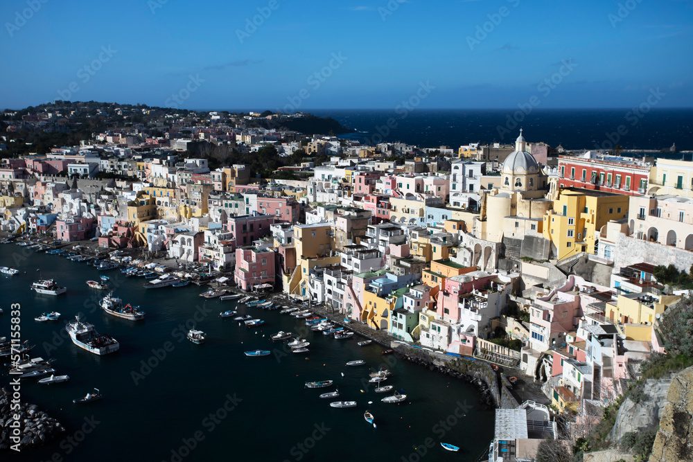 Beautiful fishing village, Marina Corricella on Procida Island, Bay of Naples, Italy.