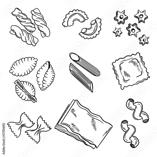 Vector hand drawn pasta set. Vintage line art illustration.