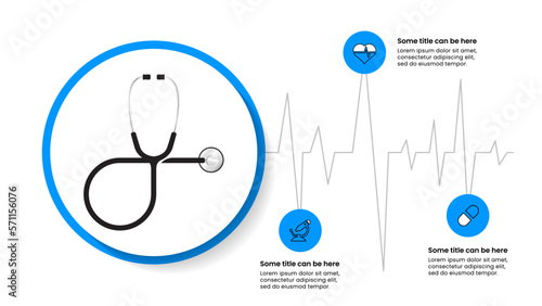Infographic template. Stethoscope with pulse and 3 steps