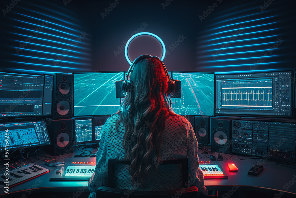 Girl with long hair and headphones sits at the control panel in a music studio, Generative AI - obrazy, fototapety, plakaty 