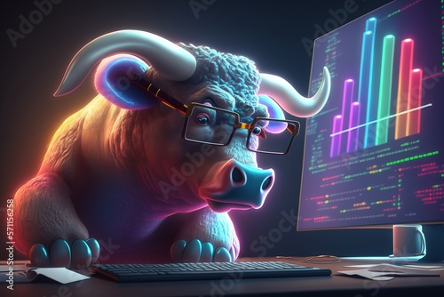 Bull trading with computer, Bullist in Stock market and Crypto currency. Generative Ai photo