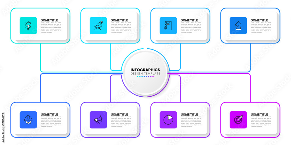 Infographic template. 8 rectangles connected to a central circle Infographic template. 8 rectangles connected to a central circle