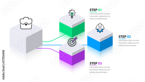 Infographic template. Three 3d columns with icons and text