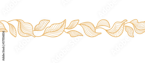 Golden leaves, vector line border Seamless pattern