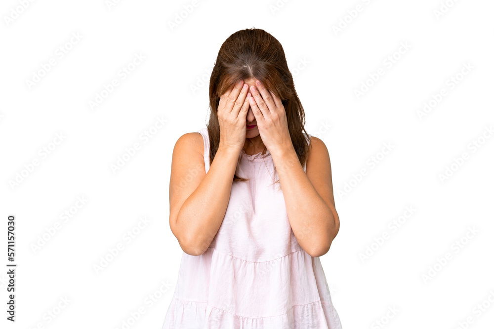 Middle age woman over isolated background with tired and sick expression Middle age woman over isolated background with tired and sick expression