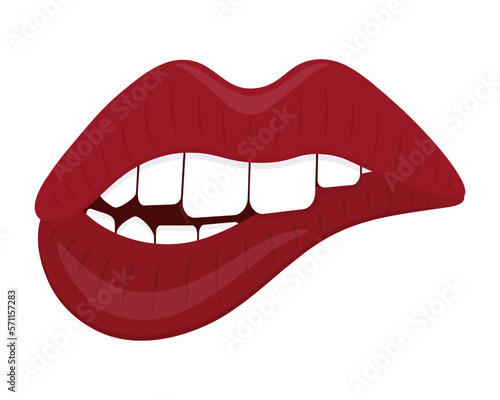 Bite your lip. Scarlet lipstick on lips. Her teeth bit her bottom lip. Seductive mouth. Color vector illustration. Flat style. Sensual bite. Isolated background. Idea for web design, invitation
