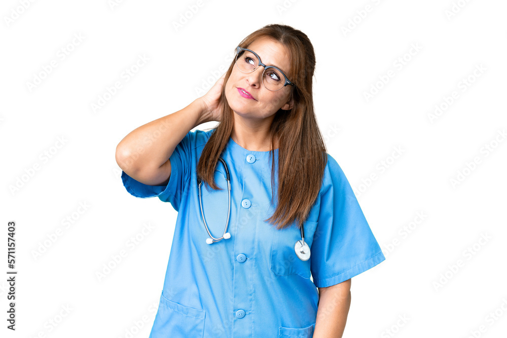 Middle age nurse woman over isolated background thinking an idea Middle age nurse woman over isolated background thinking an idea