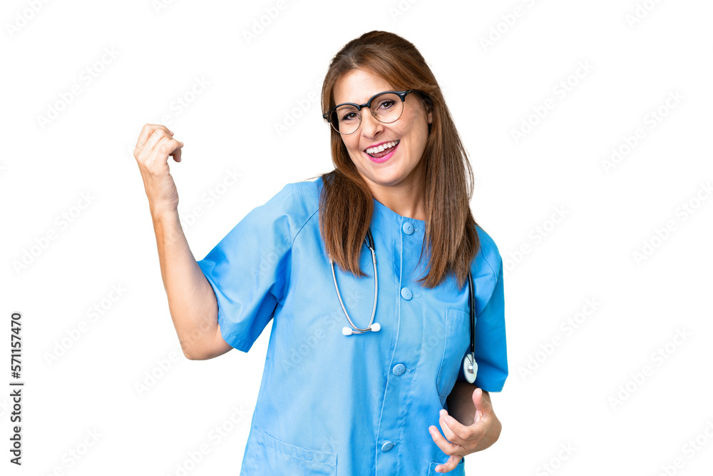 Middle age nurse woman over isolated background making guitar gesture Middle age nurse woman over isolated background making guitar gesture