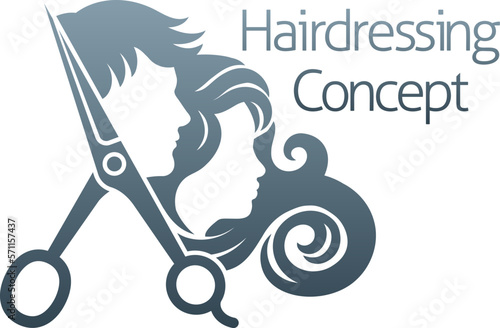 Hairdresser or hair salon concept icon with silhouette man and woman and hairdressers scissors