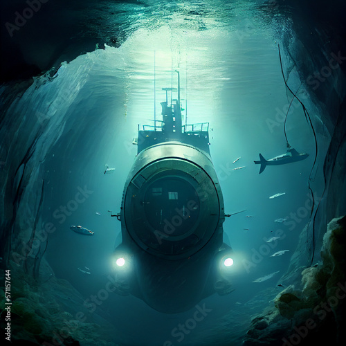 Naval submarine submerge deep underwater photo