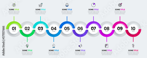 Infographic template. Horizontal timeline with 10 steps and numbers