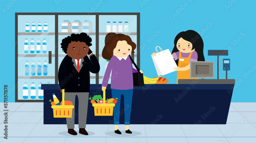 Obraz premium Supermarket cashier and customers. Vector illustration in flat style.