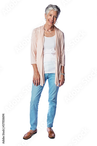 A graceful mature business woman or a granny in casual wear standing confidently and looking at camera isolated on a png background. photo