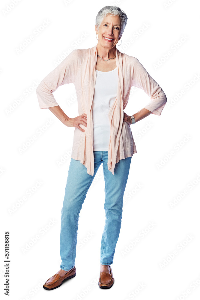 A happy mature woman in casual clothing posing with her hands on her hips isolated on a png background A happy mature woman in casual clothing posing with her hands on her hips isolated on a png background