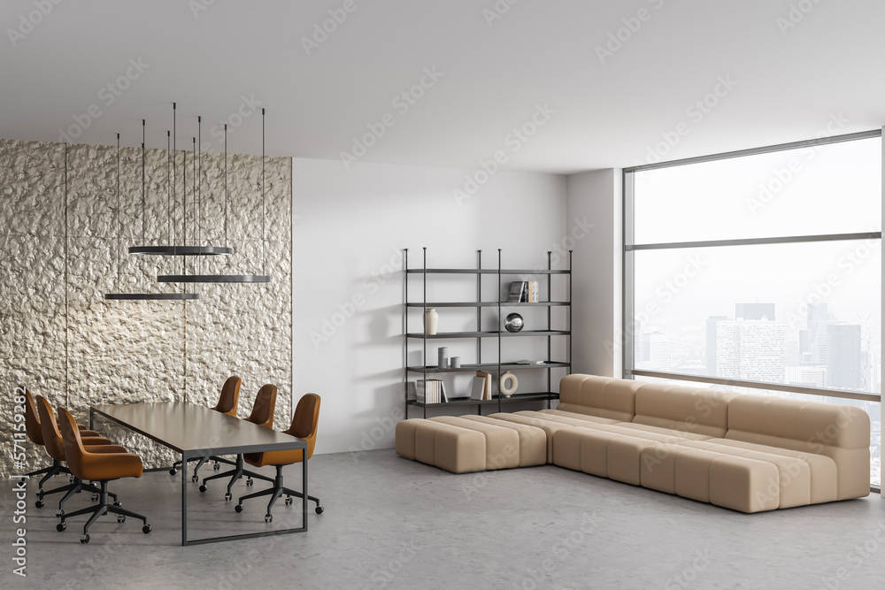 Fototapeta premium Stylish meeting interior with work table and chill corner near panoramic window