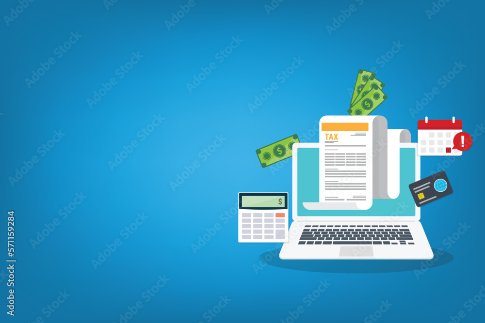 Tax payment. Mobile payment service. Data analysis, paperwork, financial research report and calculation of tax return. Payment of debt. Vector illustration Tax payment. Mobile payment service. Data analysis, paperwork, financial research report and calculation of tax return. Payment of debt. Vector illustration