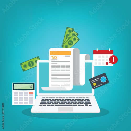 Tax payment. Mobile payment service. Data analysis, paperwork, financial research report and calculation of tax return. Payment of debt. Vector illustration