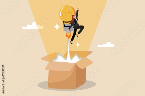 Idea, creativity or think outside the box, solution or think difference, wisdom or imagination to success concept, smart businesswoman with lightbulb idea as rocket booster flying from open box.