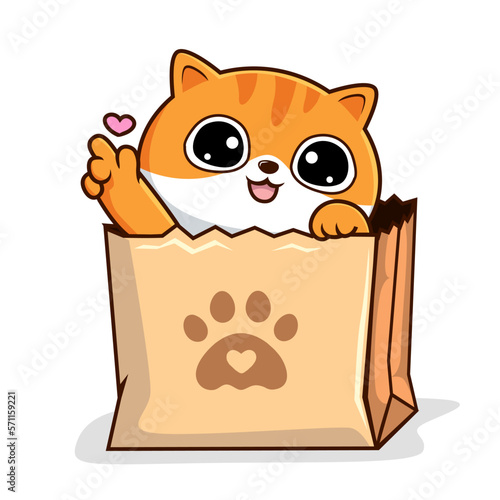 Tabby Cat in Paper Bag Love Paws -Striped Orange Pussy Cat in Shopping Bag