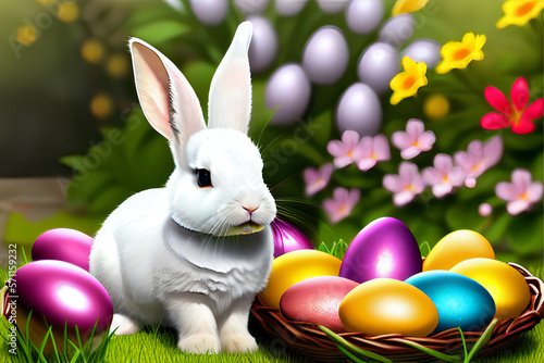 A white rabbit surrounded by colored easter eggs  in the garden  sunny day  generative Ai