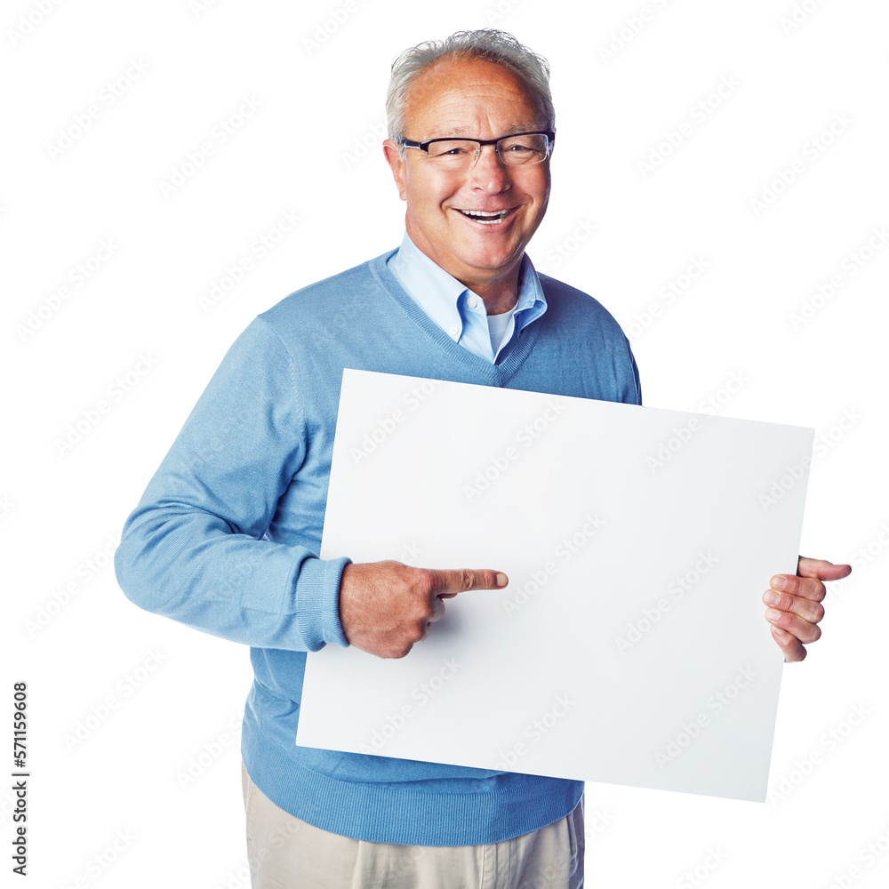 A cheerful senior gentleman holding and pointing at a blank placard or a banner as promotion or branding with a copy space isolated on a png background. A cheerful senior gentleman holding and pointing at a blank placard or a banner as promotion or branding with a copy space isolated on a png background.