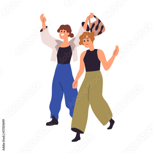 Happy women friends going. Excited joyful young girls walking together to part. Carefree cheerful female characters with positive festive mood. Flat vector illustration isolated on white background