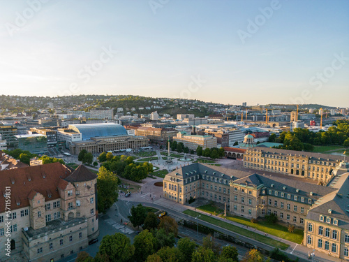 Drone view of New Palace and old castle with modern art museum, Stuttgart, Germany photo