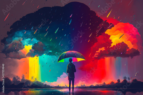 Personne sous la pluie avec un parapluie, face a un arc en ciel, concept des émotions de la vie : joie, tristesse  - Générative IA photo