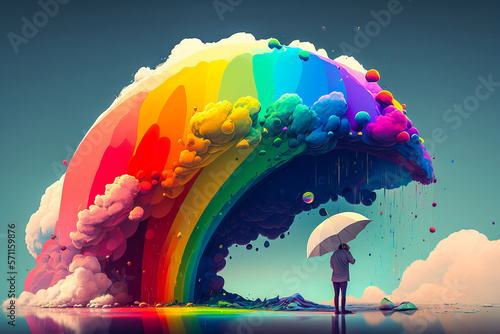 Personne sous la pluie avec un parapluie, face a un arc en ciel, concept des émotions de la vie : joie, tristesse  - Générative IA photo