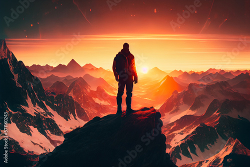 Ein Mann genießt nach der Wanderung, vom Gipfel des Berges, die atemberaubende Aussicht der Landschaft mit einem wunderschönen Sonnenuntergang