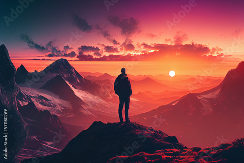 Ein Mann genießt nach der Wanderung, vom Gipfel des Berges, die atemberaubende Aussicht der Landschaft mit einem wunderschönen Sonnenuntergang