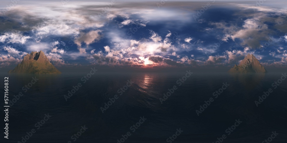 Terrible dramatic sky at sunset in the ocean, HDRI, environment map , Round panorama, spherical panorama, equidistant projection, 360 high resolution panorama 