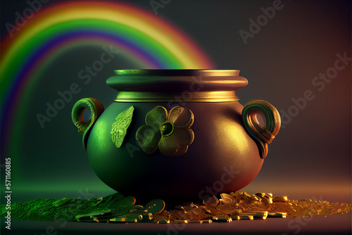 illustration of golden pot with coins and rainbow St.Patrick day . AI