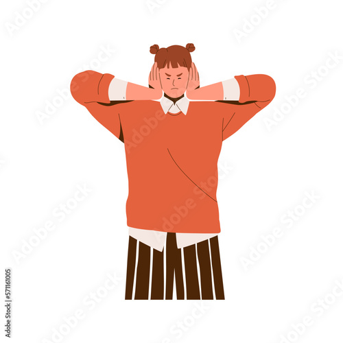 Annoyed woman closing ears, covering with hand palms. Irritated sensitive person ignoring, avoiding noise, sound, don't want to listen, hear. Flat vector illustration isolated on white background