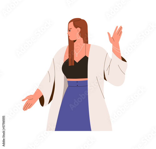 Angry irritated woman shouting, gesturing stop with hand palm. Annoyed furiou...