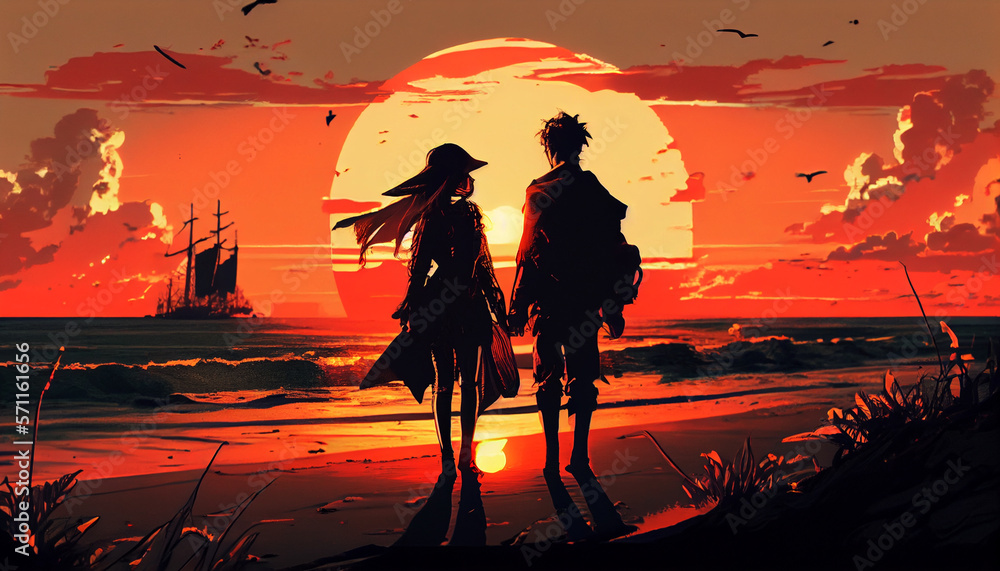 couple on the sunset beach, anime style, generated ai Stock Illustration |  Adobe Stock