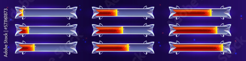 Progress bar game interface design isolated set in vector. Cartoon level loading speed ui indicator. Life or xp status in percent to fill panel. Orange energy gradient tube element for arcade rpg.