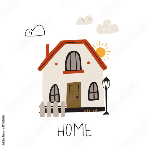Home sweet home. Decorative colorful house with trees: cute hand drawn card, print or poster. Simple modern flat style buildings with hand written text. Floral art for children with lettering.