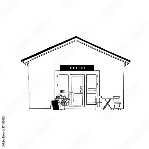 Coffee house Home cafe business storefront Hand drawn line art illustration