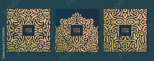 Vector set of luxury golden ornament cards, hand drawn floral motif. Use for invitation, wine label, perfume package, thank you card, etc. Square shape vintage design.